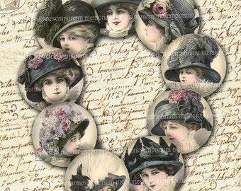 Easter Bonnets French Paris Rounds Fashion Hats Decoupage Circles Compacts 2 Two Inch Digital Collage Sheet Instant Download 063