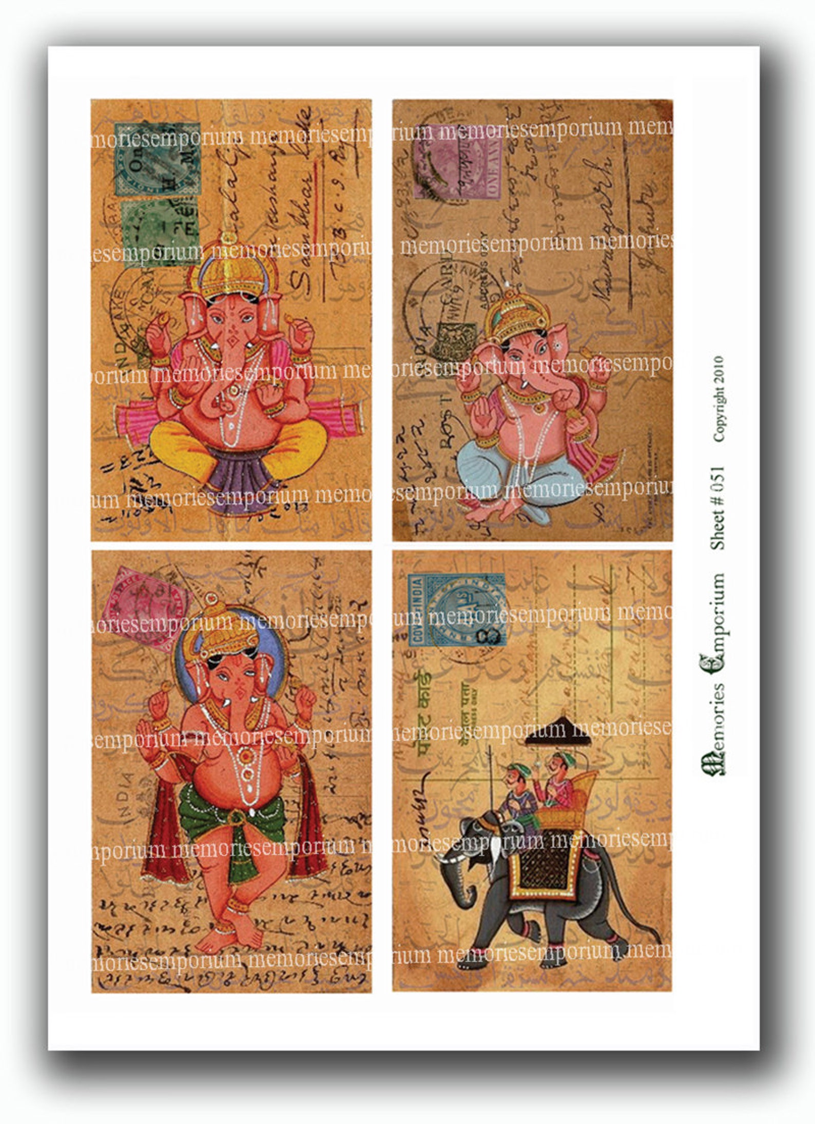 india-old-postcards-stamps-elephants-gods-asia-post-backgrounds