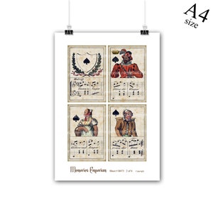 Puede incluir: Una hoja imprimible de cuatro cartas de juego vintage que muestran el palo de picas. Cada carta presenta una ilustraci&oacute;n diferente de una persona y notas musicales. El texto "Memories Emporium" y "Sheet # B1073 2 of 6" est&aacute; impreso en la parte inferior de la hoja.