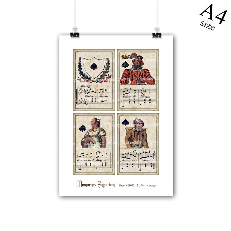 Puede incluir: Una hoja imprimible de cuatro cartas de juego vintage que muestran el palo de picas. Cada carta presenta una ilustraci&oacute;n diferente de una persona y notas musicales. El texto "Memories Emporium" y "Sheet # B1073 2 of 6" est&aacute; impreso en la parte inferior de la hoja.