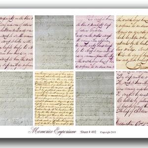 May include: A sheet of vintage paper with handwritten text in black and purple ink. The paper is divided into nine squares, each with a different piece of text. The text is faded and worn, giving the paper a vintage look. The sheet is labelled "Memories Emporium" and "Sheet # 492".