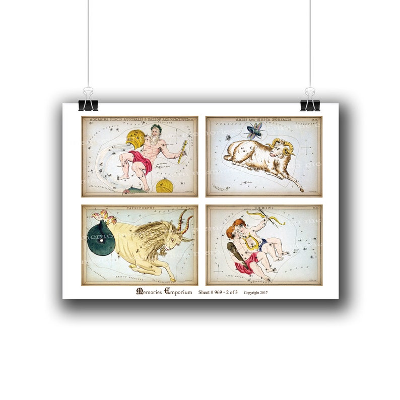 May include: A vintage illustration of four zodiac constellations: Aquarius, Aries, Capricorn, and Gemini. Each constellation is depicted with a mythological figure and stars. The illustration is printed on a sheet of paper with the text "Memories Emporium Sheet # 969 - 2 of 3 Copyright 2017".