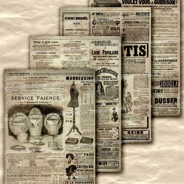 Old French Newspaper Ads Advertisements Paris Newsprint Antique Pages Decoupage Background Art Print 4 Digital Collage Sheet Downloads 436
