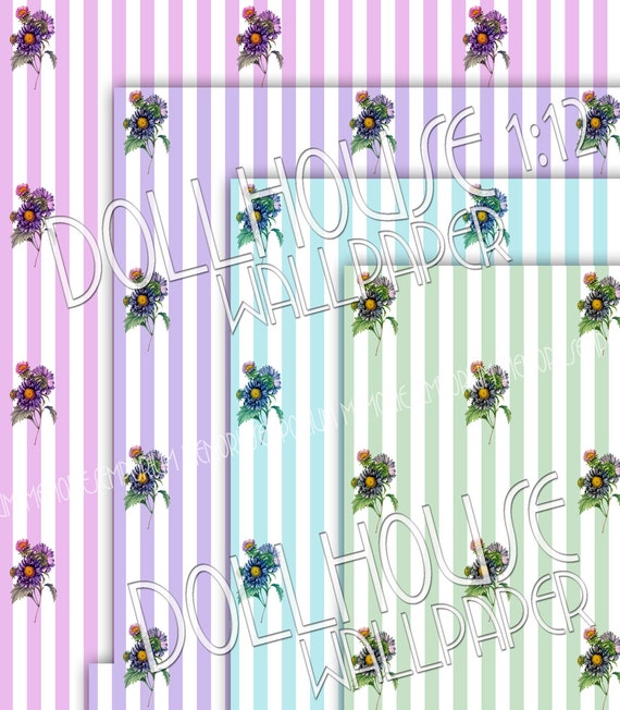 Dolls House Miniature Purple Floral Stripes Wallpaper 
