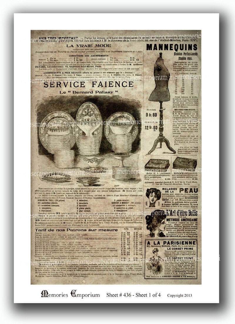 古いフランスの新聞広告、パリの新聞紙、アンティークページ