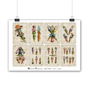 May include: A sheet of eight vintage playing cards featuring illustrations of whimsical characters with multiple faces. The cards are numbered 1 through 8 and have a light brown background. The text "Memories Emporium Sheet # B074 4 of 6 Copyright" appears at the bottom of the sheet.