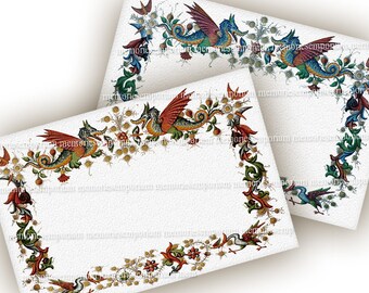 Dragon Stationery Digital Paper Art Printable Download 4 x 6 inches Weddings Parties Invitations Renaissance Dragon Illuminated Border 719