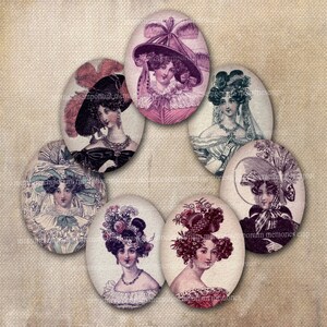 French Women Portrait Ovals Beauties Antique Watercolor Faces 30 x 40 Decoupage DIY for Pendants Lockets Collage Sheet Printable 564