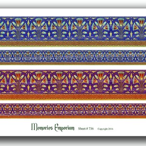 May include: Four repeating patterns of Egyptian-style floral designs in shades of blue, red, gold, and purple. The patterns are bordered by a wavy line. The text "Memories Emporium Sheet # 736 Copyright 2016" is at the bottom of the image.