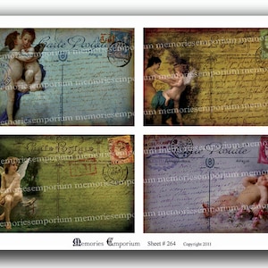Cartões postais de Paris Cupidos Anjos Antigos Namorados Vintage para impressão Baixar selos franceses antigos Decoupage Scrapbook Folha de colagem digital 264