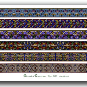 Può includere: Sei bordi in vetro colorato con motivi intricati in tonalità di blu, rosso, giallo, verde e viola. I bordi sono separati da uno spazio bianco e il testo "Memories Emporium Sheet # 483 Copyright 2013" appare in basso.