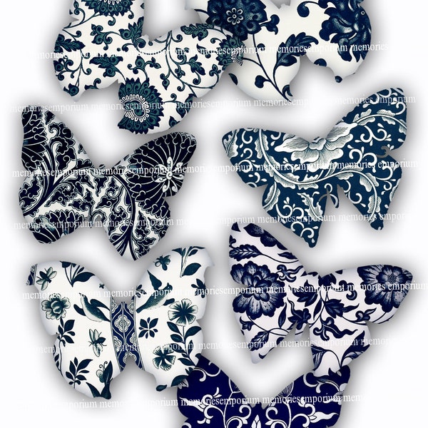 Blue and White Butterflies Chinese Digital Collage Sheet Wings Decoupage China Asian Oriental Chinois Chinoiserie Butterfly Shapes 599