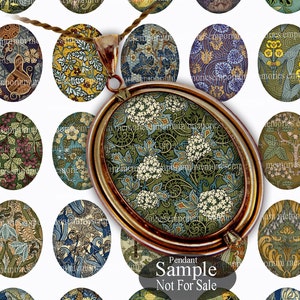 May include: A collection of 16 oval-shaped, vintage-style, decorative glass cabochons with floral patterns in shades of green, blue, yellow, and brown. The cabochons are arranged in a grid pattern and are surrounded by a gold-colored chain. The text "Pendant Sample Not For Sale" is visible at the bottom of the image.