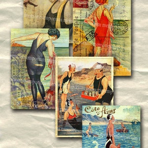 Französisch Strand Postkarten Art Deco der 1920er Jahre am Meeresküste ATC ACEO 2.5 x 3.5 Zoll Decoupage digitale Collage Sheet Download 137