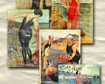 French Beach Postcards Art Deco 1920s Seaside Seashore ATC ACEO 2.5 x 3.5 inches Decoupage Digital Collage Sheet Download 137