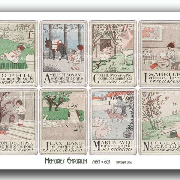 French Alphabet Name Cards Children Digital Collage Sheet Papers School Ecole Enfants Names for Decoupage Vintage Journals Old Retro FN 603
