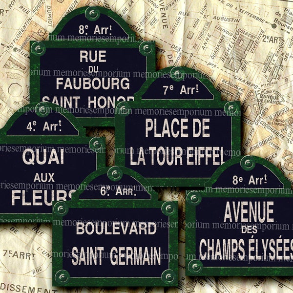 Shabby Chic Paris Vintage Street Signs 2 x 2 inches Old French Rues Boulevards Avenues Digital Collage Sheet Instant Download 181