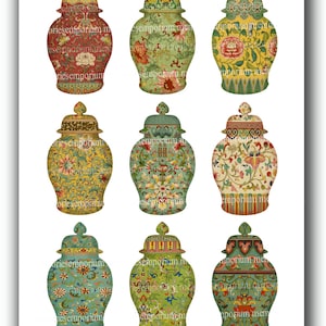 May include: Nine vintage-style Chinese ginger jars with intricate floral patterns in shades of red, green, yellow, and blue. The jars have gold accents and are arranged in three rows of three.