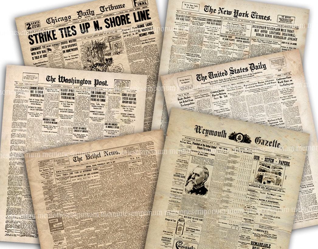 古いアメリカの新聞、印刷可能な紙パック、スクラップブック
