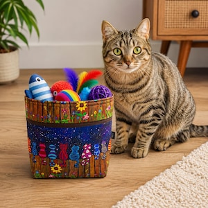 Peut inclure: Un panier de rangement en tissu avec un imprimé coloré de chats assis sur une clôture en bois sous un ciel étoilé, rempli de divers jouets pour chats, dont un poisson bleu et blanc, une balle rouge et une balle violette avec des plumes.
