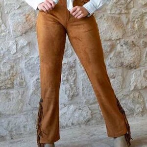 Brown Faux Leather Pants With Fringe 