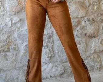 Brown Faux Suede Pants with Fringe( size 8)
