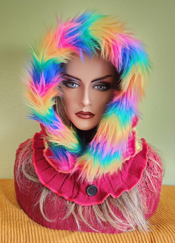 Faux Fur Hooded Scarf - Multicolor Festival Rainbow Faux Fur Beanie Hat Cute Cat Paw Costume  main image 3