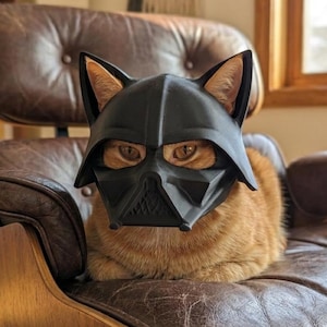 May include: An orange cat wearing a black, molded plastic helmet that covers the top of the head and face, featuring pointed ear cutouts, a central ridge, and a geometric, angular nose and mouth section with a grid-like pattern on the front.