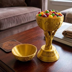 May include: A gold-colored trophy-shaped candy dish filled with colorful candies. The dish is a replica of the FIFA World Cup trophy, with the words "FIFA WORLD CUP" on the base. A smaller, matching bowl sits nearby.