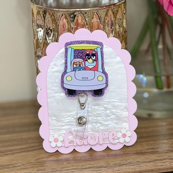 Grannies ,bluey Bluey dog badge reel, Brown dog badge reel, Heeler dog badge reel, Granny dogs badge reel, ID tag for kids