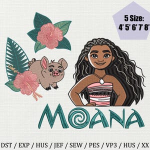 Moana Embroidery Design, Princess Cartoon Tropical Embroidery Design, Moana And Pua Embroidery Pattern, Hawaiian Embroidery Design
