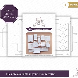 May include: Digital download of 12 gift packaging templates. The image shows various white paper gift boxes and bags, with a cat logo and the text "koty". The text "This is a digital download!" and "Files are available in your Etsy account" are also visible.