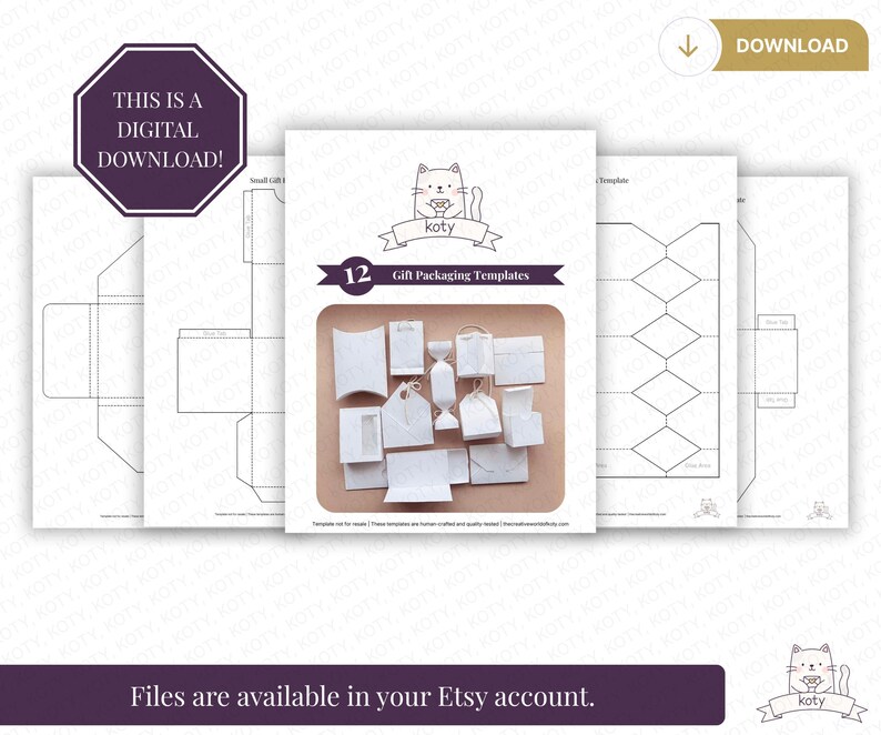 May include: Digital download of 12 gift packaging templates. The image shows various white paper gift boxes and bags, with a cat logo and the text "koty". The text "This is a digital download!" and "Files are available in your Etsy account" are also visible.