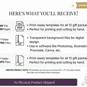 May include: A digital download graphic with the text "HERE'S WHAT YOU'LL RECEIVE!" and details about a PDF file with 39 pages, PNG and JPG files. The text also mentions print-ready templates for gift packages and software compatibility.