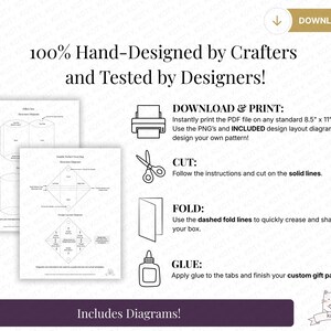 May include: A downloadable PDF with diagrams for custom gift packaging. The design includes instructions for printing, cutting, folding, and gluing. The text reads "100% Hand-Designed by Crafters and Tested by Designers!" and "Includes Diagrams!"