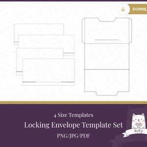 May include: A digital template set for four locking envelopes, featuring white line drawings on a purple background. The text reads 4 Size Templates, Locking Envelope Template Set, PNG/JPG/PDF, and DOWNLOAD, with a small cat illustration.