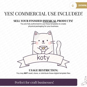 May include: A digital design featuring a white cat holding an envelope with a heart. The text includes "YES! COMMERCIAL USE INCLUDED!" and "SELL YOUR FINISHED PHYSICAL PRODUCTS!" with the brand name "koty" and "Perfect for craft businesses!"