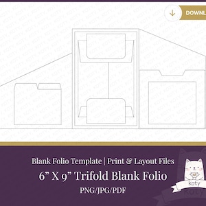 May include: A 6 inch by 9 inch trifold blank folio template featuring a central panel with two pockets, a left panel with a single pocket, and a right panel with a square window cutout. The digital layout includes lines for folding and cutting.