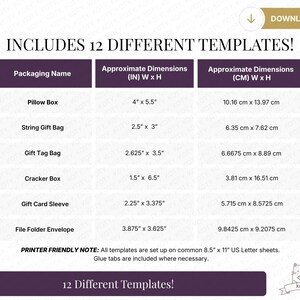 May include: A chart listing 12 different packaging templates with dimensions in inches and centimeters. Includes pillow boxes, gift tag bags, cracker boxes, and more. The text reads "Includes 12 Different Templates!"