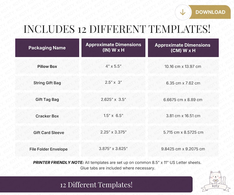 May include: A chart listing 12 different packaging templates with dimensions in inches and centimeters. Includes pillow boxes, gift tag bags, cracker boxes, and more. The text reads "Includes 12 Different Templates!"