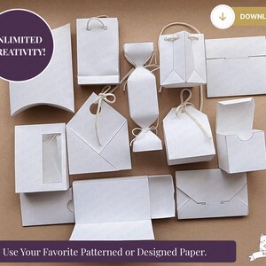 May include: An assortment of white paper gift boxes and bags in various shapes and sizes, including a pillow box, a bag with handles, and an envelope. The image includes the text "Unlimited Creativity!" and "Use Your Favorite Patterned or Designed Paper."