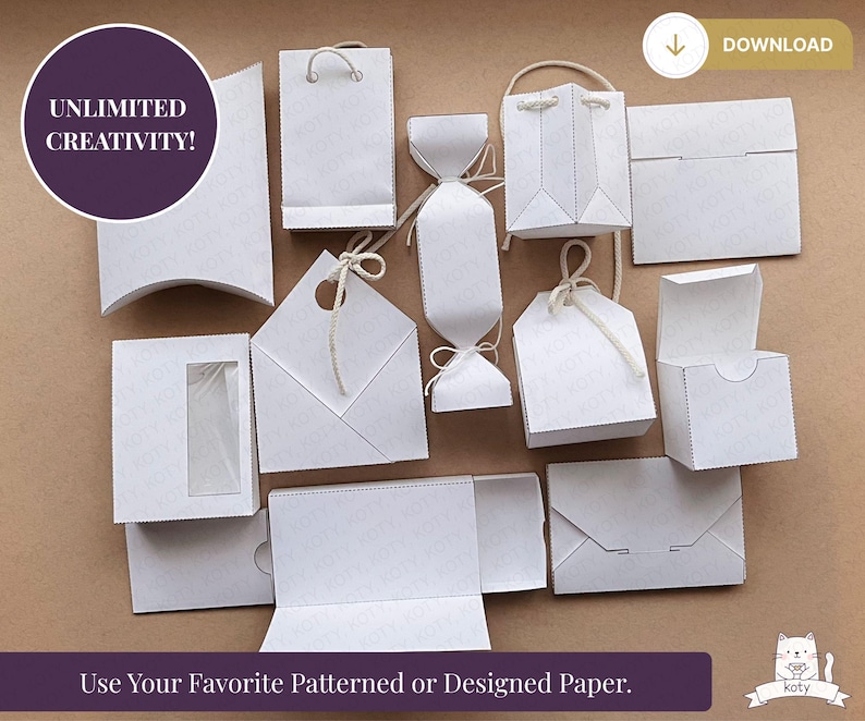 May include: An assortment of white paper gift boxes and bags in various shapes and sizes, including a pillow box, a bag with handles, and an envelope. The image includes the text "Unlimited Creativity!" and "Use Your Favorite Patterned or Designed Paper."