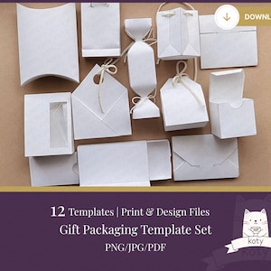 May include: A collection of white gift packaging templates in various shapes, including boxes, bags, and envelopes. Some have string closures or window cutouts. The text reads "12 Templates | Print & Design Files Gift Packaging Template Set PNG/JPG/PDF".