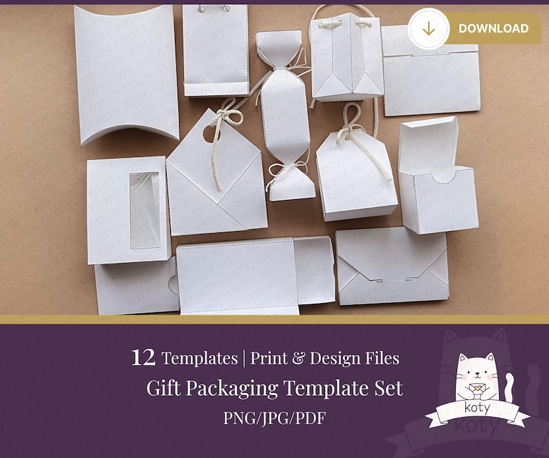 May include: A collection of white gift packaging templates in various shapes, including boxes, bags, and envelopes. Some have string closures or window cutouts. The text reads "12 Templates | Print & Design Files Gift Packaging Template Set PNG/JPG/PDF".