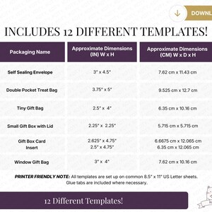 May include: A graphic with a purple header that says "INCLUDES 12 DIFFERENT TEMPLATES!". It lists packaging names with dimensions in inches and centimeters. Includes templates for envelopes, treat bags, gift boxes, and inserts.