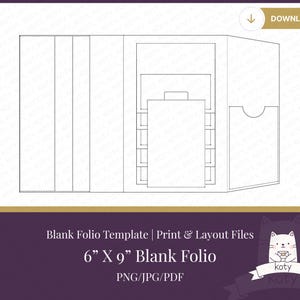 Könnte beinhalten: Eine digitale Vorlage für ein 15,24 cm mal 22,86 cm großes, leeres Folio mit einer weißen Strichzeichnung auf dunklem Hintergrund. Das Layout enthält mehrere Innentaschen, Kartenfächer und ein Mittelteil mit Reiter als druckbare Designdatei.