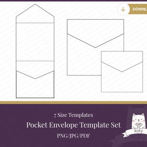 May include: A set of pocket envelope templates in various sizes, outlined in black on a white background. The image includes a long, rectangular template and two square templates. Text reads "7 Size Templates Pocket Envelope Template Set PNG/JPG/PDF".