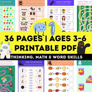 May include: A vibrant printable PDF for children aged 3-6, offering 36 pages of educational activities. The image showcases math, word skills, and thinking games. The design includes cartoon characters and various puzzle challenges.