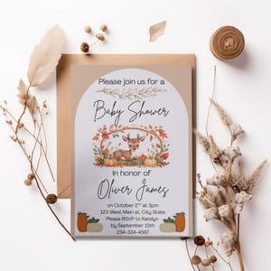 Fall Deer Baby Shower Invite, Pumpkin Design, Digital Template, Canva Editable, Rustic Woodland Shower Invite