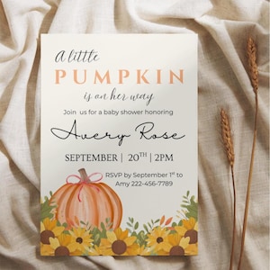 A Little Pumpkin Is On The Way Baby Shower Invitation | Pumpkin Fall Digital Template | Canva Design | Baby shower invitation